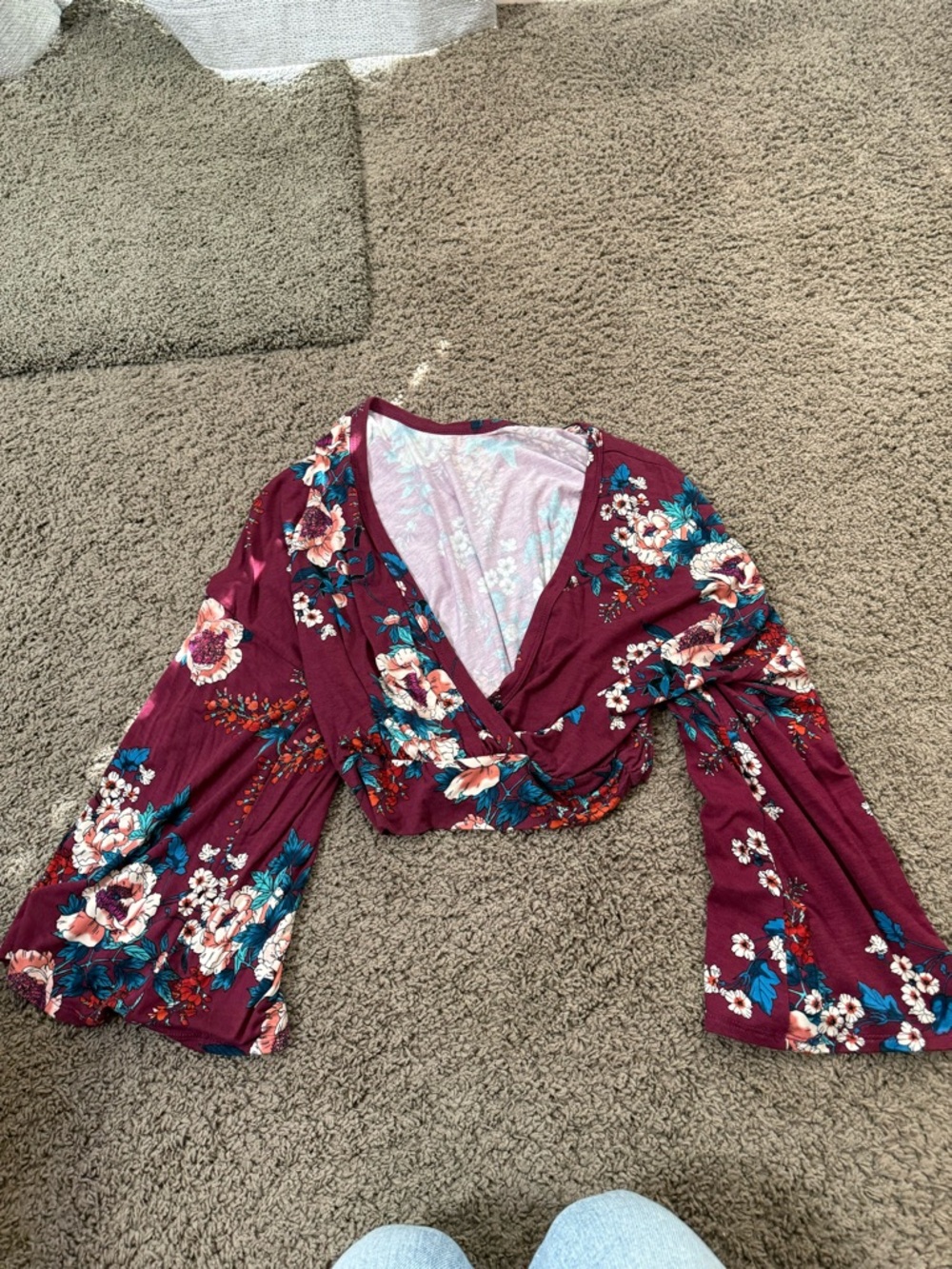Lulu's Burgundy Floral Surplice Crop Top
